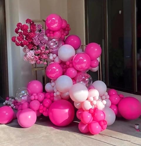BAUANOOY 100pcs Hot Pink Balloons 12 inch, Bright Pink Latex Balloons with Pink Ribbon for Birthday Wedding Engagement Bridal Bachelorette Tropical Party Decorations thumbnail 4