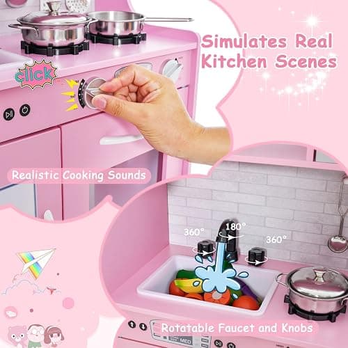 HONEY JOY Pink Kids Kitchen Playset, Wooden Little Chef Pretend Toy Kitchen Set w/Chalkboard, Telephone, Utensils, Oven, Microwave, Sink, Play Kitchen for Toddlers, Gift for Boys Girls, Pink thumbnail 4