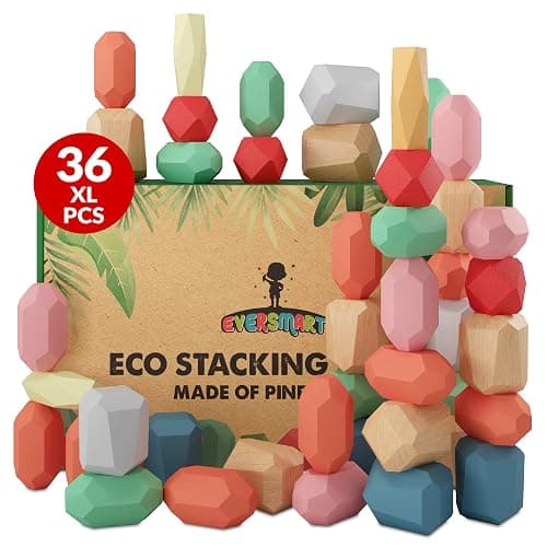 EVERSMART 36 Pcs Wooden Stacking Blocks – Montessori Toys for 1 2 3 4 5 6 Year Old Toddlers and Kids, XL Rocks, No Choking Hazard – Sensory STEM Building Stones, for Girls and Boys - Image 1