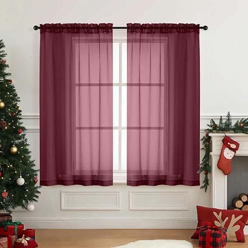 Ebesto Burgundy Window Sheer Curtains 45 Inches Length, Voile Short Curtains for Living Room Bedroom, Modern Soft Window Drapes 2 Panels Set, Top Dual Rod Pocket Design, 2x42Wx45L Inches - Image 1