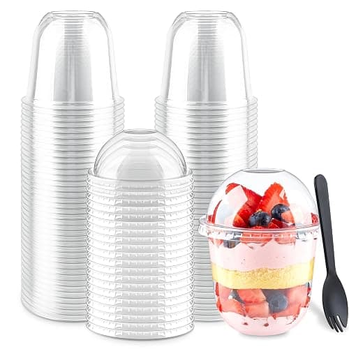 Zezzxu 50 Pack 12 oz Plastic Dessert Cups with Dome Lids (No Hole) and Sporks, Clear Disposable Fruit Cups with Lids for Yogurt Parfait Ice Creams Pudding Cakes - Image 1
