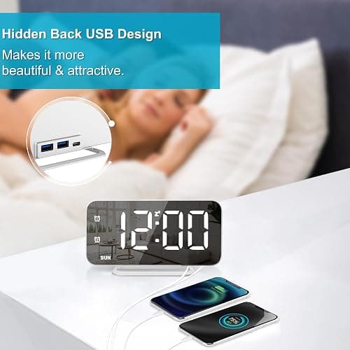 Slim LED Digital Alarm Clock, Mirror Surface for Makeup, with Diming, Large Display, Easy Setting, USB Ports, Modern Decor for Bedroom, Desk, Christmas, Birthday Gift for Women, Daughter, Girl, White thumbnail 5