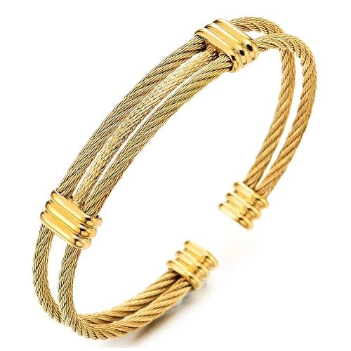 COOLSTEELANDBEYOND Men Women Stainless Steel Twisted Cable Adjustable Cuff Bangle Bracelet - Image 1