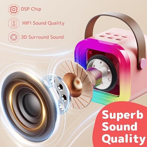Fede Karaoke Machine for Kids Adults, Mini Karaoke Machine with 2 Wireless Microphones, Portable Bluetooth Speaker with Voice Changing Effects & LED Lights, Best Gifts Toys for Girls and Boys thumbnail 4