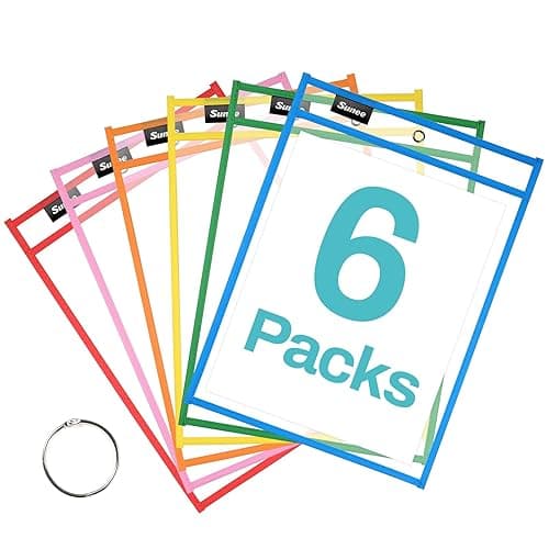 SUNEE 6 Packs Oversized Reusable Dry Erase Pocket Sleeves with Binder Ring, 6 Assorted Colors 10x14 Ticket Holders, Clear Plastic Sheet Protectors, Teacher School Classroom Supplies - Image 1