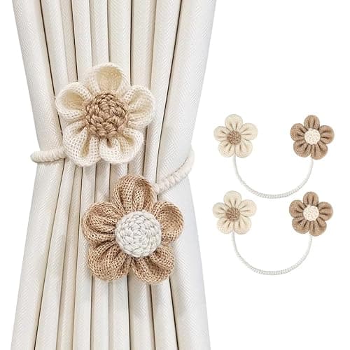 SRG Curtain Tiebacks for Curtains 2 Pack, Decorative Curtain Holdbacks for Drapes, Handmade Tie Backs No Drilling for Home Bedroom Window Decor – Sunflower Cream Khaki - Image 1