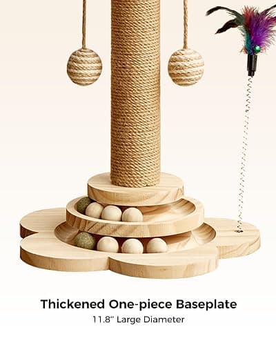 KHALOR Cat Scratching Post for Kittens, 4 in 1 Wooden Cat Scratcher Toy, 17.7" Tall Scratch Post with 2 Level Cat Track Balls, Interactive Feather Toy and 2 Sisal Hanging Balls for Indoor Kittens thumbnail 4