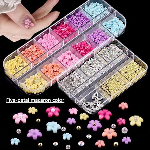 GZMAYUEN 3D Blume Nagel Charms Metall Kaviar Perlen, 3D Pastell Acryl Blume für Nägel Design, Gold Kaviar Perlen Nagel Dekorationen Gemischte Strass Kit, Kristall AB Edelsteine Nagel Diamanten Strass thumbnail 4