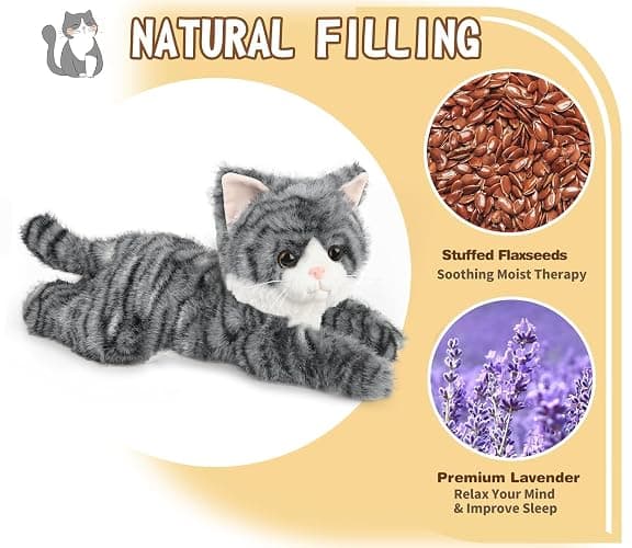 Gray Tabby Cat Stuffed Animals, Microwavable Stuffed Animal Adorable Fluffy Cat Plush for Warmth & Comfort, Heatable & Coolable Lavender Scent Cat Toys, Cute Soft Plushies Cat Gifts for Kids & Adults thumbnail 6