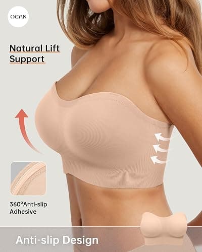 OEAK Womens Push Up Strapless Bras Wireless Bandeau Plus Size Seamless Bra | Supportive,for large breast,Minimizer,non slip,comfortable,padded bralette,invisible,no show,tube bra thumbnail 2
