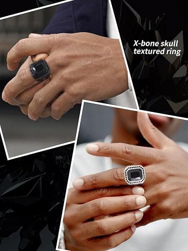 ChainsHouse Mens Black Onyx Rings, Retro X Bone Skull Stainless Steel Signet Rings for Men, Black Onyx Agate Gemstone Rings Jewelry, Offer Custom Service, Size 7-14 thumbnail 4