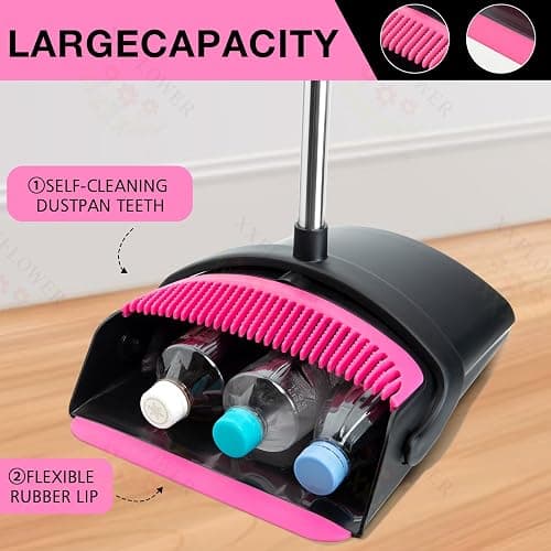 XXFLOWER Broom and Dustpan Set, Long Handle Lightweight Dustpans with Broom Combo for Home, Indoor&Outdoor Sweeping for Home Room Kitchen Office Lobby (Black Pink) thumbnail 4