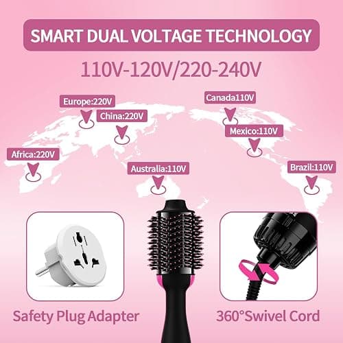Dual Voltage Hair Dryer Brush with Negative Ion Anti-frizz Styler - Hot Air Volumizer for 110V-120V/220V-240V European and Travel Use thumbnail 2