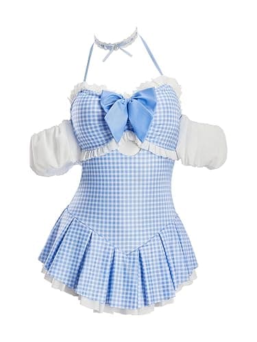 haikyuu Women Retro Swimsuit Blue Checkered Tummy Control One Piece Swimsuit Cute Swimwear - Image 1