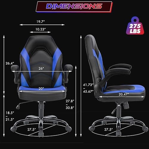 Sweetcrispy Computer Gaming Desk Chair - Ergonomic Office Executive Adjustable Swivel Task PU Leather Racing Chair with Flip-up Armrest for Adults, Kids, Men, Girls, Gamer, Black Blue thumbnail 3
