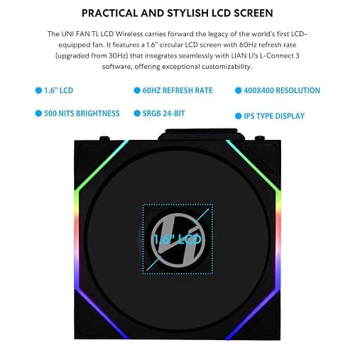 Lian Li UNI Fan TL LCD Wireless 140-Single Pack(Reverse Blade)-2.4 GHz Wireless Signal 140MM ARGB Fan-Infinity Mirror-Daisy-Chain-Lighting Effects-Controller NOT Included&Required-Black (14RTLLCD1W1B) thumbnail 3