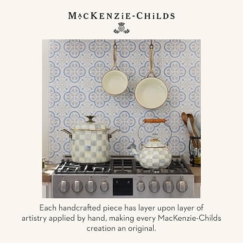 MACKENZIE-CHILDS Enamel Whistling Tea Kettle, Decorative Teapot for Stovetop, Gray-and-White Sterling Check thumbnail 6