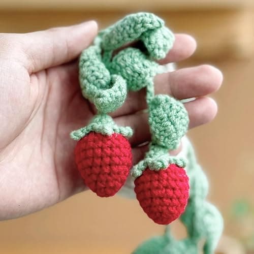 Cute Crochet Plant for Car Rear View Mirror,Boho Handmade Car Mirror Hanging Accessories for Women Girls,Green Interior Aesthetic Decor Truck Hanger Ornament Charm for Men (Red Strawberry Plant) thumbnail 6