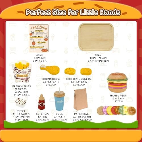 Masonbaby Wooden Play Food Set for Children, Pretend Fast Food Playset, Wooden Hamburger French Fries Toy, Play Kitchen Accessories for Toddlers, Educational Toys Gift for Boys Girls thumbnail 5