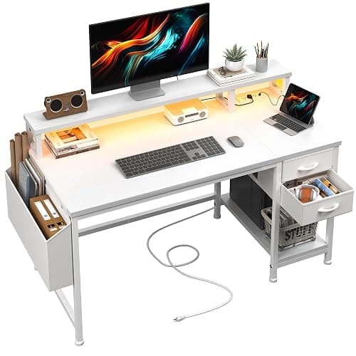 DurayLoly 40" Computer Desk with LED Strip, Gaming Desk with Drawers & Storage Bag, Office Desk with Power Outlets & Monitor Stand, Home Office Desks for Bedroom, Gaming Room, White - Image 1