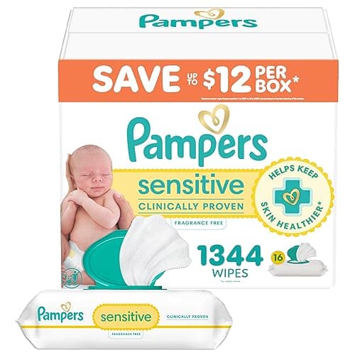 Pampers Baby Wipes, Sensitive, Water Based Wipe, Clinically Proven, Hypoallergenic, and Unscented for Babies, 1344 Wipes Total (16 Flip-Top Packs) [Packaging May Vary] - 84 Count (Pack of 16)