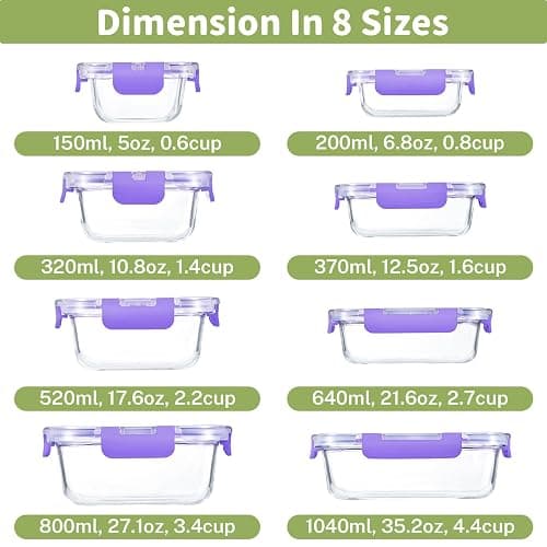 HOMBERKING 8 Pack Glass Food Storage Containers with Lids, Meal Prep Containers, Airtight Bento Boxes with Leak Proof Locking for Microwave, Oven, Freezer and Dishwasher, BPA Free, 5-35oz, purple thumbnail 2