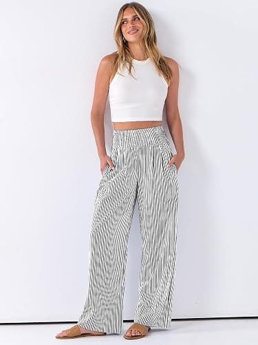 ANRABESS Womens Striped Gingham Palazzo Pants Wide Leg High Waisted Lounge Pajama Pants Cute Casual Trousers with Pockets thumbnail 3