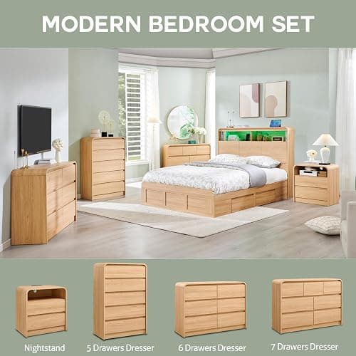 Aitjunz Modern 5 Drawers Dresser for Bedroom, 45" Tall Dresser, Natural Oak | Wooden Dressers & Chests of Drawers w/Curved Profile Design, Mid Century Vertical Dresser with Handleless Design for Bedroom thumbnail 6
