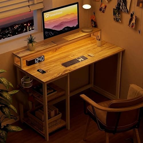 GreenForest Computer Desk with Full Monitor Stand,100 cm Home Office Desk with Reversible Storage Shelves,Small Study Desk with Headphone Hook and Cup Holder,Oak thumbnail 8