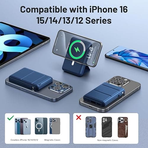 Mag-safe Power Bank, Azmuth 10000mAh Magnetic Battery Pack 22.5W PD Fast Charging with USB-C Cable LED Wireless Portable Charger with Stand for iPhone 16/15/14/13/12/Pro (Blue) thumbnail 3