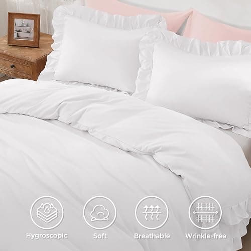 Andency White Ruffle Duvet Cover Queen(90x90Inch), 3 Pieces Soft Washed Microfiber Vintage Shabby Chic Farmhouse Ruffled Duvet Cover Set with Zipper Closure & Corner Ties thumbnail 3