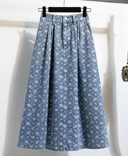 chouyatou Women's Vintage Floral Print Denim Skirt High Elastic Waist A Line Pleated Midi Long Jean Skirt with Pockets thumbnail 2