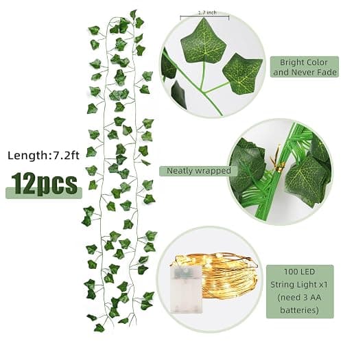 RECUTMS 12 Pack 86Ft Fake Ivy Vines with String Light for Room Decor | Artificial Hanging Ivy Garland Leaves with 100 LEDs String Light for Bedroom Backdrop Aesthetic Wall Wedding Party Home Decor thumbnail 3