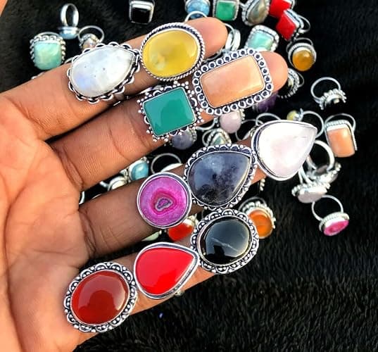 SUNYARAN Handmade 10 Pcs Adjustable Gemstone Ring Set for Women, Silver Plated Fashion Boho Knuckle Rings, Vintage Gothic Statement Jewelry Gift Pack thumbnail 3