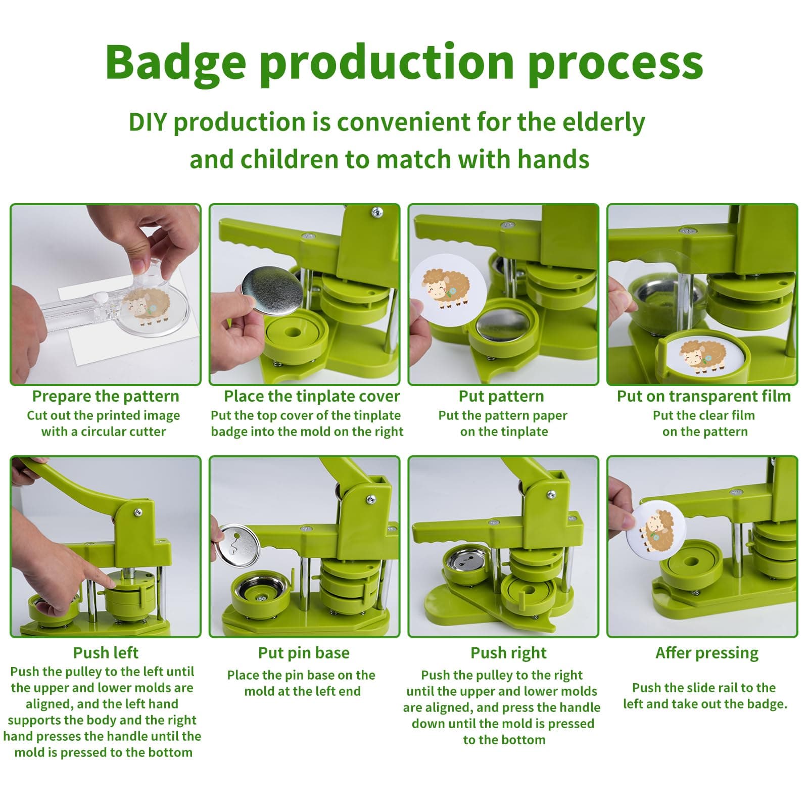 Button Badge Press Machine, Button Machine, with 100 Buttons/Picture and Circle Cutter for Characters for People, Kids DIY Gift Pin Maker (Green, 32mm) thumbnail 3