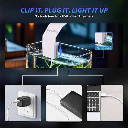 FluviRay Mini Clip-On Aquarium Light 7W USB Dimmable Fish Tank Lamp with 3 Light Modes (Full Spectrum/White/RGB), 9-Level Brightness, Compact LED Light for 1–3 Gallon Aquariums thumbnail 5