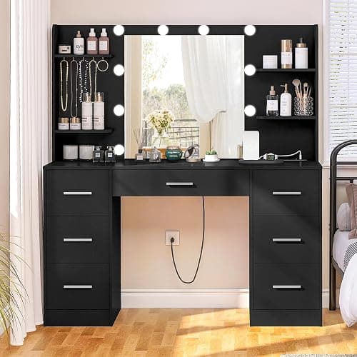 FIONESO 42.1" Vanity Desk with Mirror and Lights, Makeup Vanity with 7 Drawers, 4 Shelves, 5 Jewel Hooks & Power Strip, Vanity Desk for Bedroom, Black - Image 1