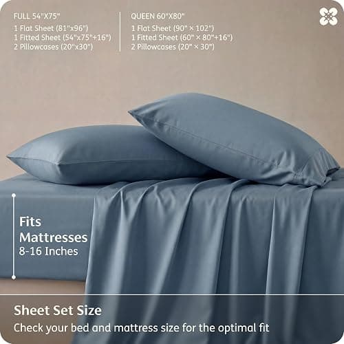 Bedsure PureWoven 100% Rayon Derived from Bamboo, Full Size Sheets, 4 PCS | Cooling Sheets for Hot Sleepers, Breathable & Silky Soft, 16" Deep Pocket, Hotel Luxury Bedding, Dusty Blue thumbnail 7