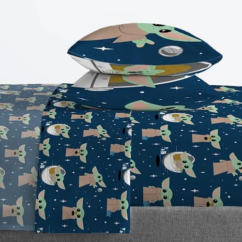Jay Franco Kids Sheet Set with Fitted, Flat Sheets & Pillow Cover - Ultra-Soft Bedding with Pillowcase for Room Decor, Blue - Mandalorian, 4 Piece Queen thumbnail 7