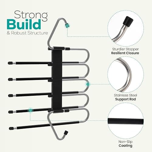 Pants Hangers Space Saving 2 Pack - Space Saving Hangers Or Closet Organizer for Clothes, Scarf, Pants & Skirt with S-Type Stainless Steel Hook & Anti-Slip Design (Black) thumbnail 6