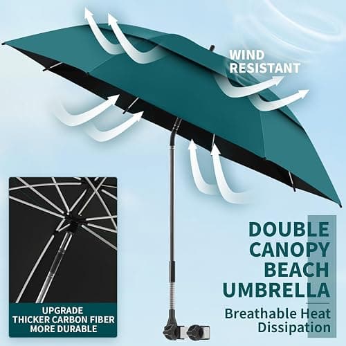 NBtoUS 2 Pack 48.6" Double Canopy Beach Umbrella with Clamp, UPF50+ Beach Chair Umbrella with clip, 360°Adjustable Portable Outdoor Wheelchair, Patio, Golf Carts,Camping(Blackish Green, Not Include Chair) thumbnail 3
