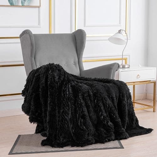 YUSOKI Black Faux Fur Throw Blanket,2 Layers,50" x 60", Soft Fuzzy Fluffy Plush Furry Comfy Warm Cozy Blanket for Couch Bed Chair Sofa Bedroom Mens Gift thumbnail 3