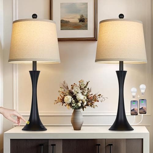 Rinweey 27.5" Table Lamps Set of 2, Touch Bedside Lamps with USB C+A Ports, 3 Way Dimmable Nightstand Lamps for Bedroom, Living Room, Office, Black Lamp with Beige Lampshade, Bulbs Included thumbnail 6