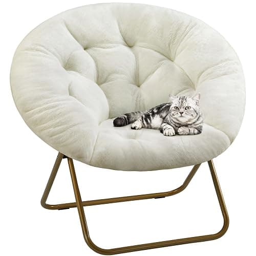 DUMOS Faux Fur Saucer Chair, Foldable Comfy Chair for Bedroom, White | Lounge XL Moon Mushroom Style, Circle Round Oversized Accent Seat, Gaming Dorm Small Spaces, Comfortable Modern - Image 1