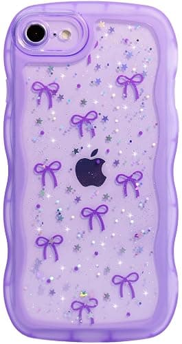 Qokey for iPhone SE(2020/2022) & 8/7 Case - Glitter Star & Curved Edge Handle Grip Design, Military-Grade Shockproof Clear TPU Cover, Sparkle Protection + Scratch-Resistant, Holographic Purple Bow - Image 1