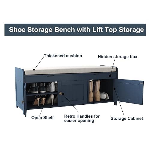 HOMEFORT 41.3" Shoe Bench with Lift Top Storage, Entryway Bench with Cushioned Seat, Wooden End of Bed Bench, Shoe Cabinet Bench with Hidden Storage Space, for Bedroom, Hallway,Blue thumbnail 6