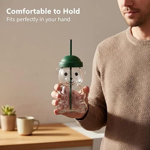 Carorioxy Glass Bear Cup With Straw Lid Teddy Hat Coffee Mug Cups And Jar Glasses Drinking Shaped Straws Honey Tumbler Iced Clear Drink Sippy Bearcup Bottle Water Cute Jars Green Vasos Lids (1) thumbnail 7