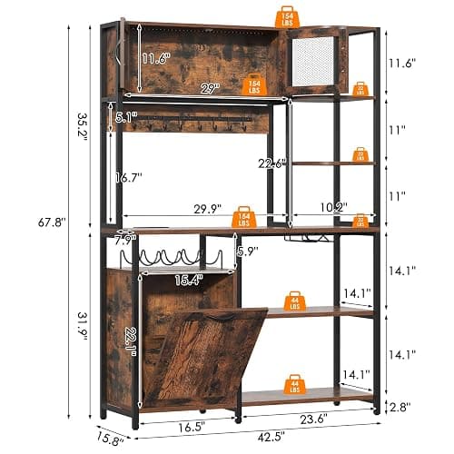 Bigbiglife Bakers Rack with Power Outlet and LED Light, 42.5 inch Industrial Coffee Bar Cabinet with Trash Can Storage Bin Cabinet, Microwave Stand with Storage for Kitchen, Living Room thumbnail 2