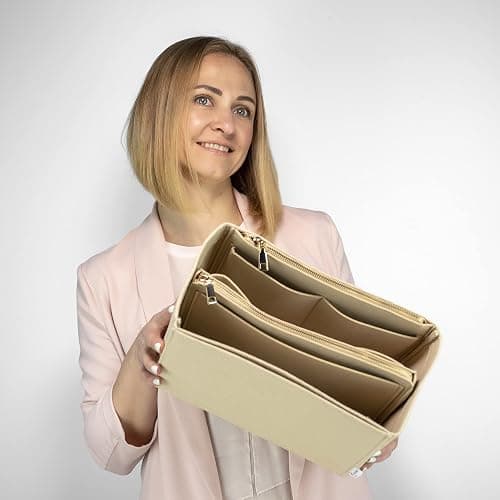 AT Allure-T ® Organizer Neverfull mm, 2in1 Handtaschen Organizer Filz mit Reißverschluss, Handtaschenorganizer Groß mit Schlüsselkette, Filz Taschenorganizer Beige L - Beige - L thumbnail 3