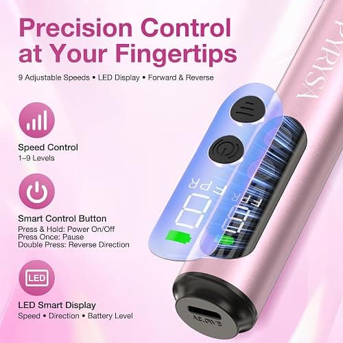 PYRYSA Cordless Electric Nail Drill File, Professional Nail Drill Machine for Acrylic Gel Dip Powder Polish, LED Display, Rechargeable Portable Manicure Pedicure Kit for Beginners Home & Salon, Pink thumbnail 3